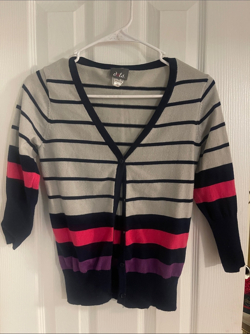 Dots Striped V-Neck Cardigan - Cream, Navy, Pink & Purple